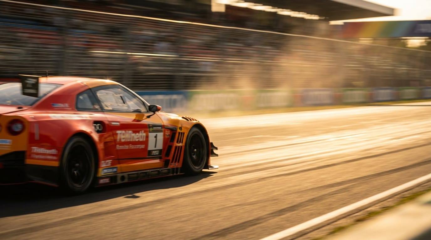 Low angle tracking shot following a race car speeding on a track. Heat haze effects, motion blur on the asphalt, vibrant colors, cinematic lighting.