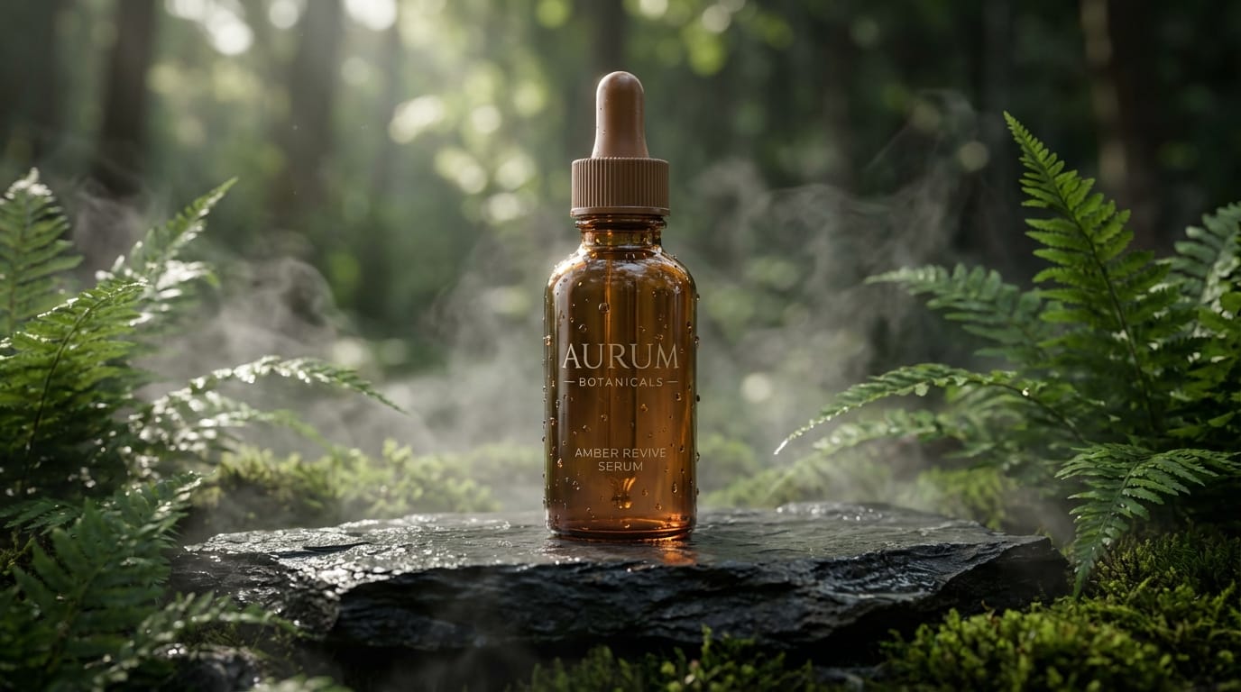 A close-up product shot of a luxury amber glass serum bottle sitting on a wet dark slate rock, surrounded by mist and green ferns. Soft cinematic lighting, water droplets on the bottle, sharp focus, 8k resolution, photorealistic advertising style --v 6.0