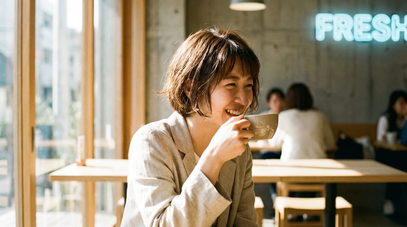 A stylish young Japanese woman drinking coffee in a sunny modern cafe, smiling naturally. In the background, a neon sign on the wall says "FRESH". Shot on 35mm film, shallow depth of field, natural sunlight, candid shot style --v 6.0
