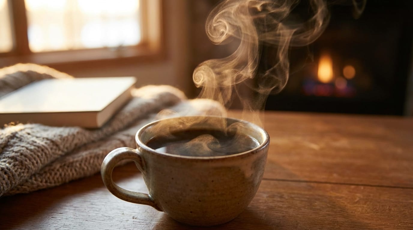Steam rising gently from a hot cup of coffee, cinematic lighting, slow motion, cozy atmosphere