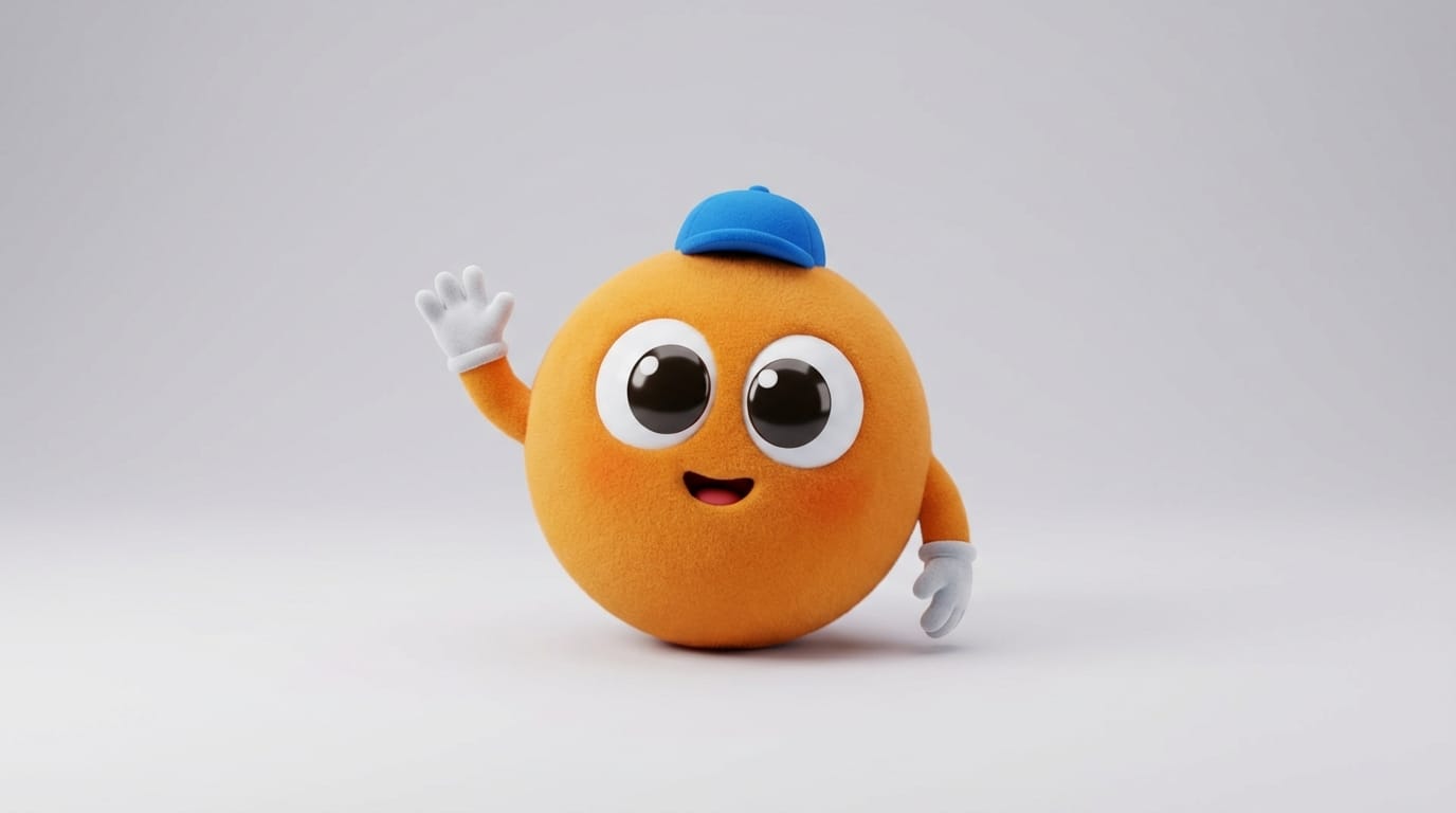 A cute 3D mascot character, orange round body, waving hand cheerfully to the camera, simple clean background, studio lighting, 1080p, high quality loop animation