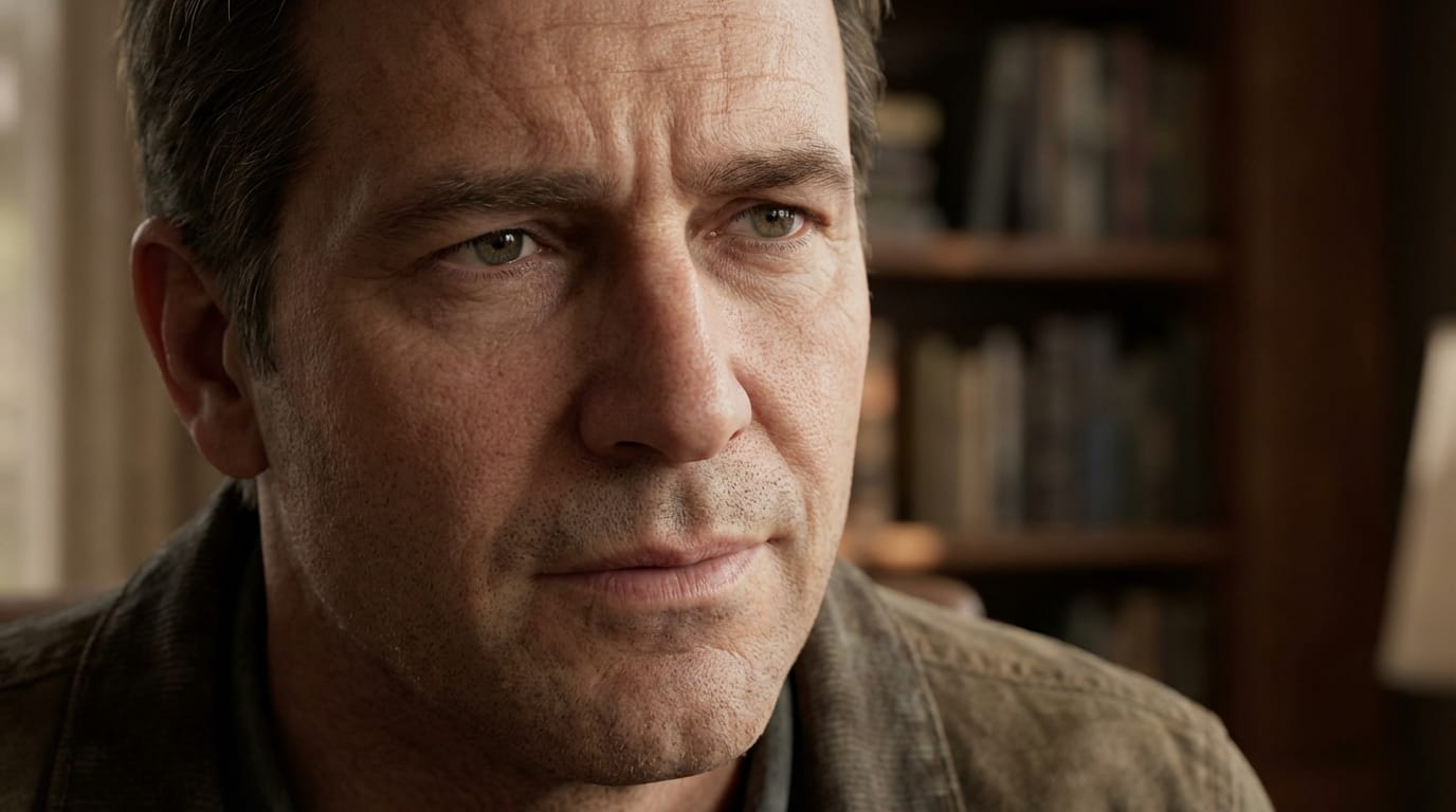 The camera slowly zooms in on the character's face, subtle facial expression change, realistic movement, high fidelity.