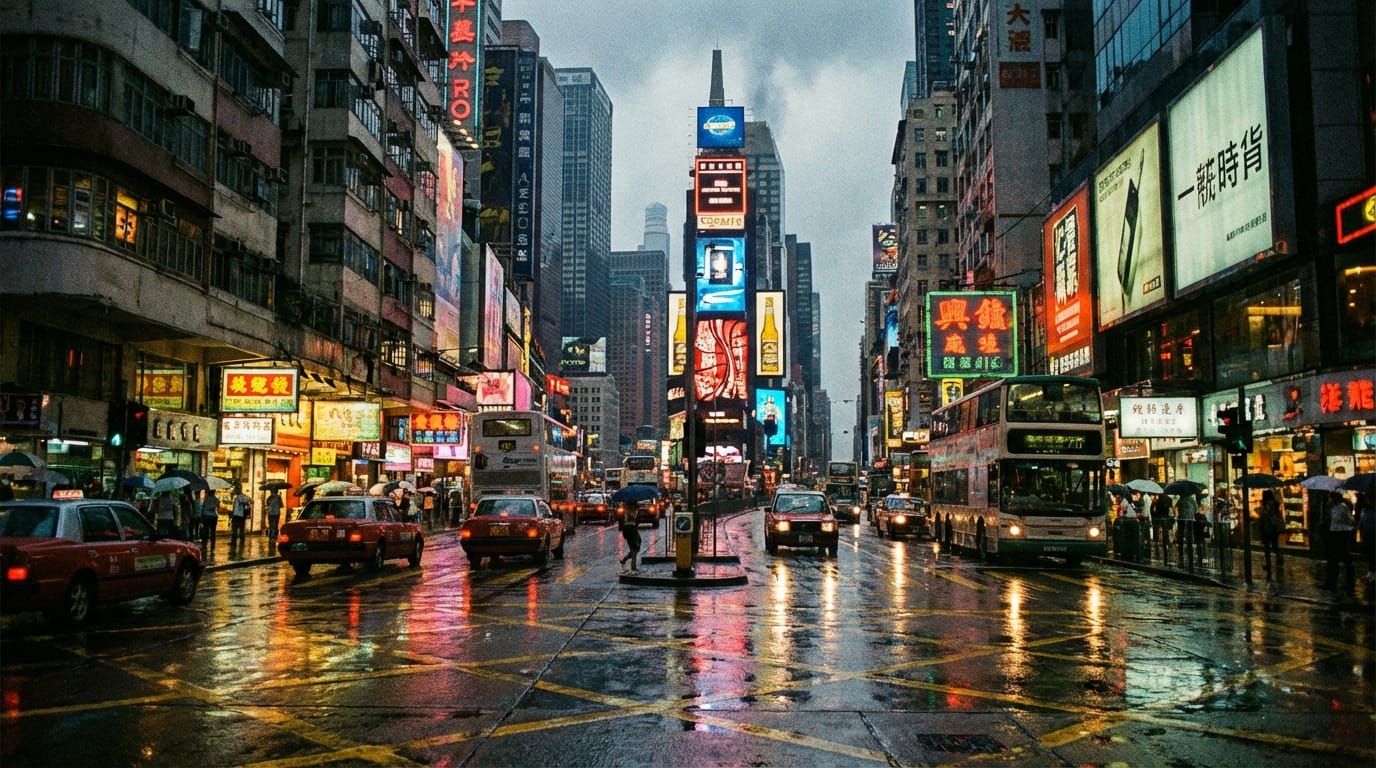 Cinematic wide shot of a rainy neon city street at night, reflections on wet pavement, realistic 8k resolution, movie scene atmosphere