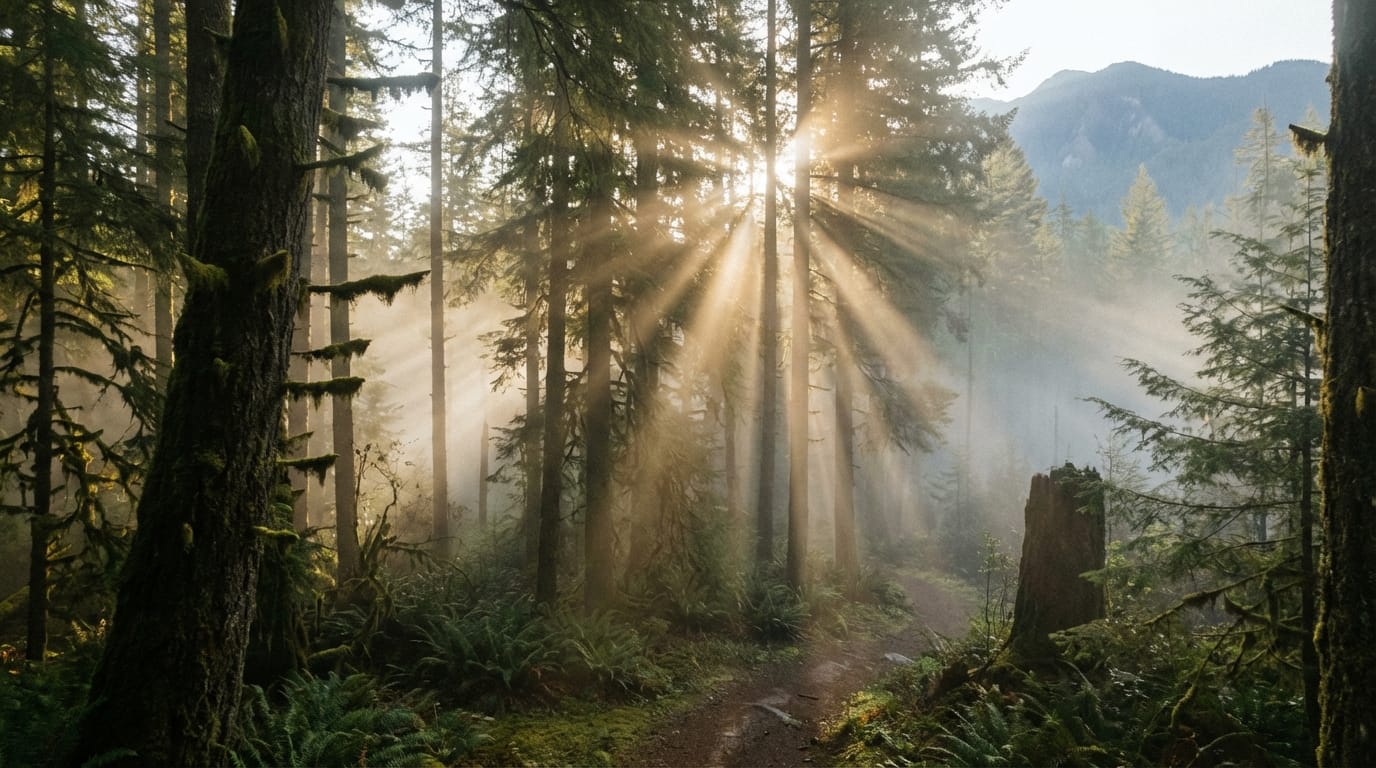 Cinematic drone shot flying through a misty pine forest at dawn, shafts of sunlight piercing through the trees, realistic fog effects, high detail, 4k resolution, mysterious and serene movie opening scene.
