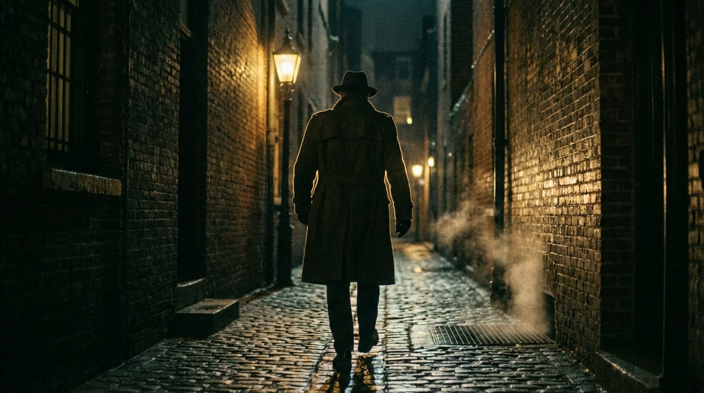 A man in a trench coat walking away from the camera down a dark alleyway, realistic walking motion, cinematic lighting, film grain style.