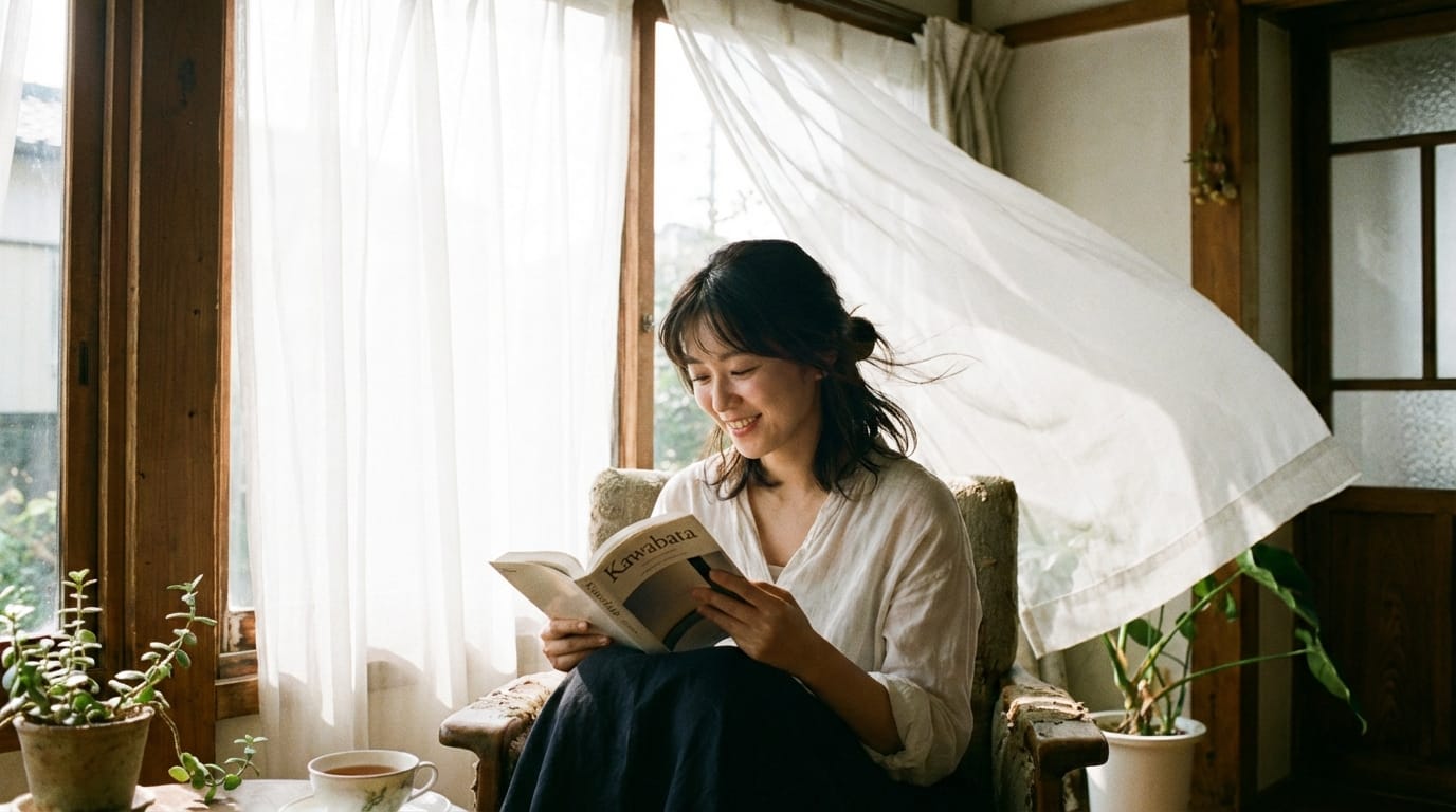 Medium shot of a Japanese woman reading a book by a sunny window, gentle breeze blowing sheer curtains, soft natural lighting illuminating her face, realistic hair movement, peaceful and nostalgic cinematic atmosphere.