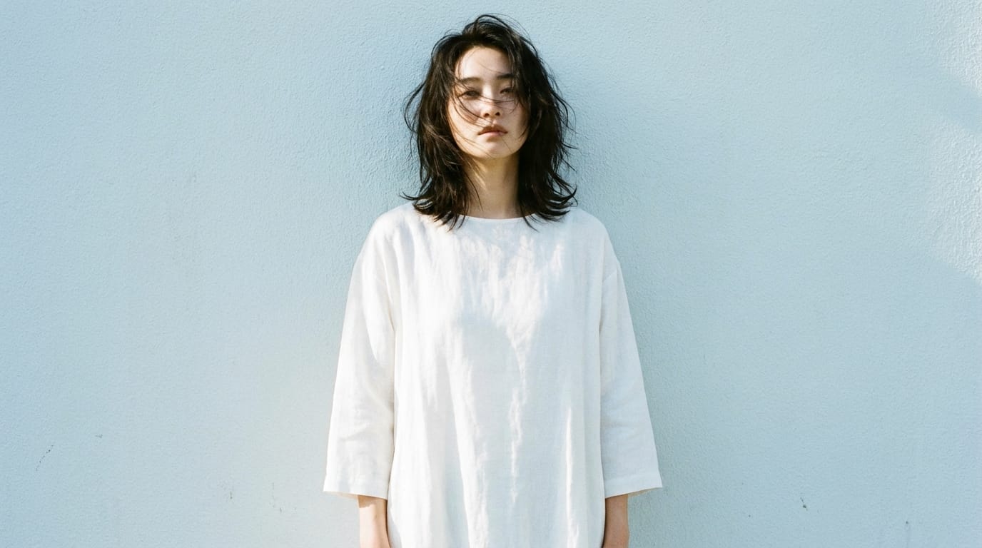fashion editorial video, minimal style, a japanese model wearing white linen dress, standing against a pale blue wall, soft wind blowing hair, natural sunlight, simple composition, 8k