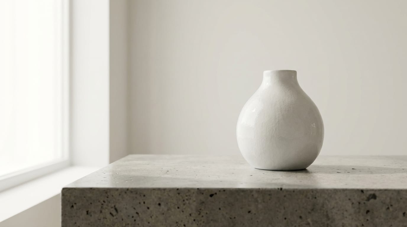 cinematic minimal style, a single white ceramic vase on a polished concrete table, soft natural lighting from side, clean background, sharp focus, 4k, high detail texture