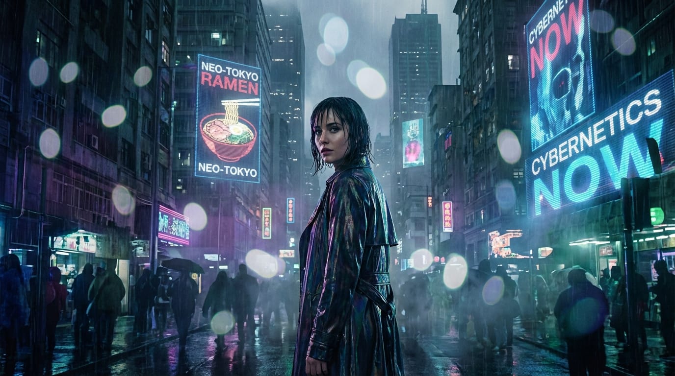 Cinematic shot, rain-soaked neon city, a woman in a futuristic trench coat turns around looking at the camera. Cinematic lighting, anamorphic lens bokeh, cyberpunk atmosphere. Giant hologram advertisements in background. Rain sound effects, distant sirens, heavy synthesizer bass drone. 4k resolution.