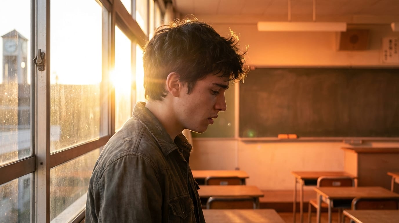Sunset in a high school classroom, a male student stands by the window. He looks sorrowful and whispers something. Backlighting, lens flare, dust motes floating. His voice is quiet but audible. School chime ringing in the distance. Photorealistic style, emotional close-up.