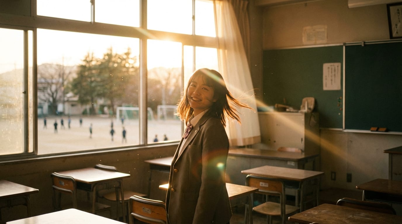 Sunset in a classroom, strong orange sunlight streaming through the window, dust particles sparkling in the air, a student in uniform slowly turns from the window to face the camera and smiles, hair gently blowing in the wind, cinematic lighting and lens flare, hyper-realistic texture, distant sounds of sports practice and cicadas from the schoolyard.