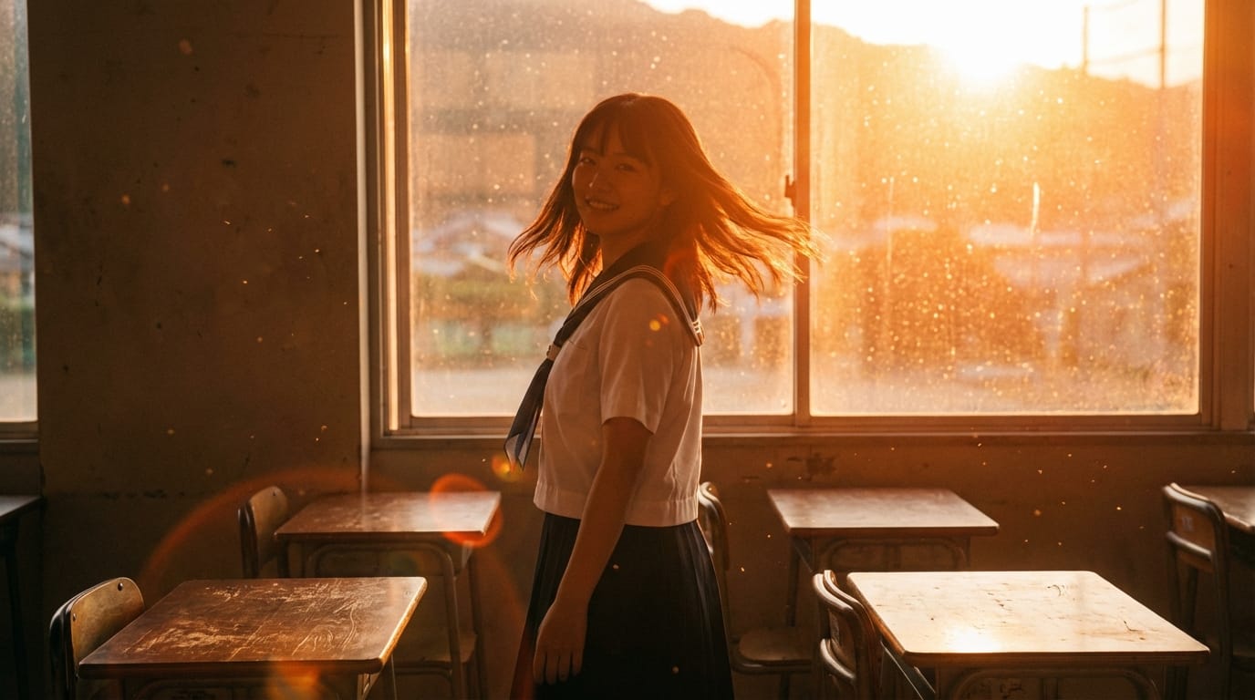 夕暮れの教室、窓から差し込むオレンジ色の強い西日、空気中に舞う埃の粒子がきらめいている、制服を着た学生がゆっくりと窓の外からカメラの方へ振り返り微笑む、髪が風に優しくなびく、映画的なライティングとレンズフレア、非常にリアルな質感、放課後の校庭から聞こえる遠くの部活動の声とセミの鳴き声。