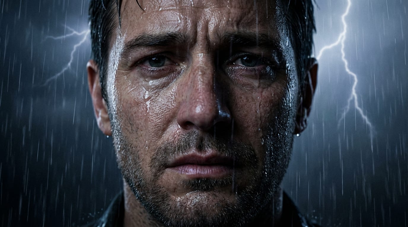 雨に打たれながら泣いている男性の顔の超クローズアップ、頬を伝う雨粒と涙、悲しみと絶望が入り混じった表情、肌の質感や毛穴まで見えるほどのリアルさ、映画的な暗いトーン、激しい雨音と雷鳴。