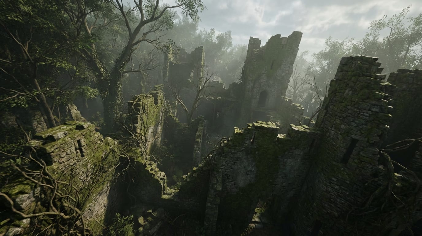 Ruins in a forest, mossy stone walls and tangled vines, camera spirals down from above in a drone shot, mystical and desolate atmosphere, diffused light from cloudy sky, realistic 8k video, sound of wind rusting trees and birds chirping.