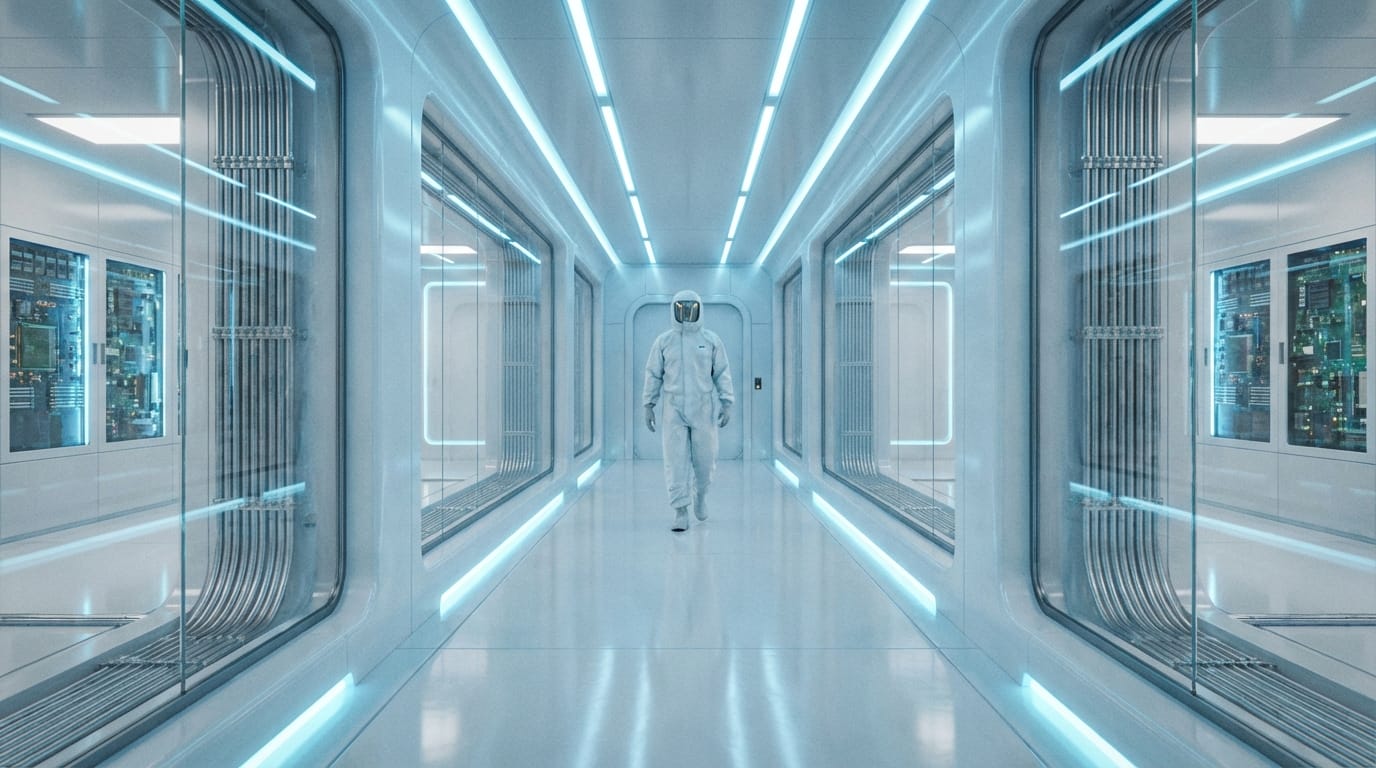 Cinematic dolly shot moving forward down a sterile white futuristic laboratory corridor with flickering cold blue lights, complex wiring and glass panels on walls, a figure in a white hazmat suit walking towards the camera from the end of the hall, 4k photorealistic movie quality, quiet eerie mechanical hum and distant alarm sound.