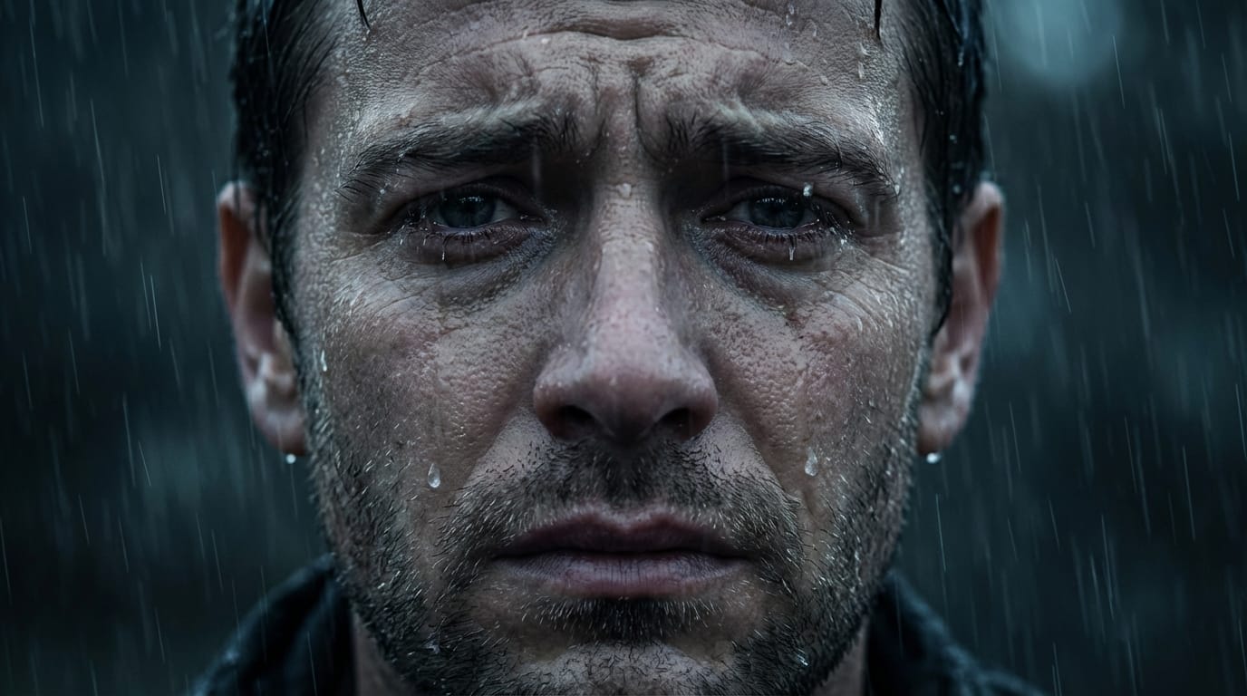 Extreme close-up of a man's face crying in the rain, raindrops and tears running down his cheeks, expression of mixed sadness and despair, hyper-realistic skin texture and pores, cinematic dark tone, sound of heavy rain and thunder.