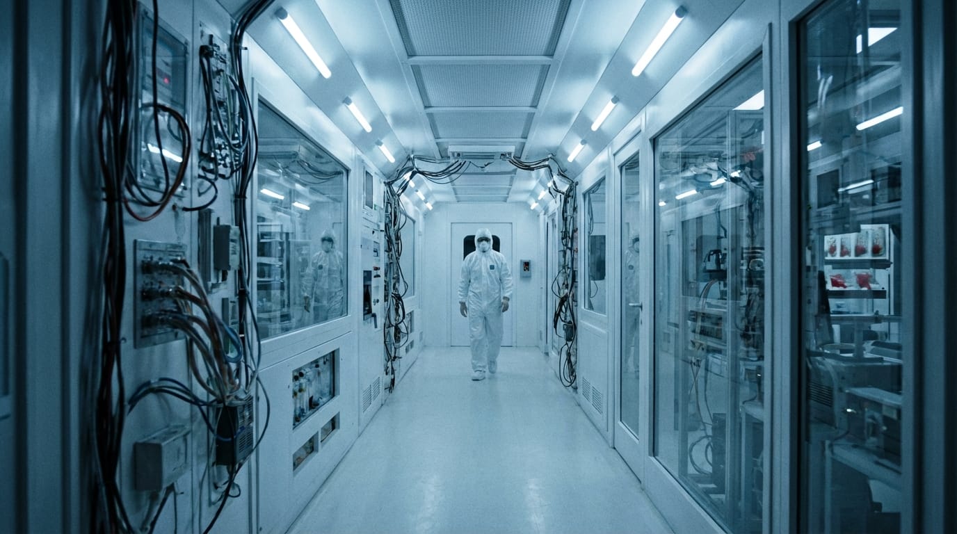 近未来の無菌室のような白い研究所の廊下、冷たい青白い照明が点滅している、カメラはゆっくりと廊下の奥へと前進するドリーショット、壁には複雑な配線とガラスのパネル、奥から白い防護服を着た人物がこちらに向かって歩いてくる、映画のような4K高画質、静かで不気味な機械のハム音と遠くの警報音。