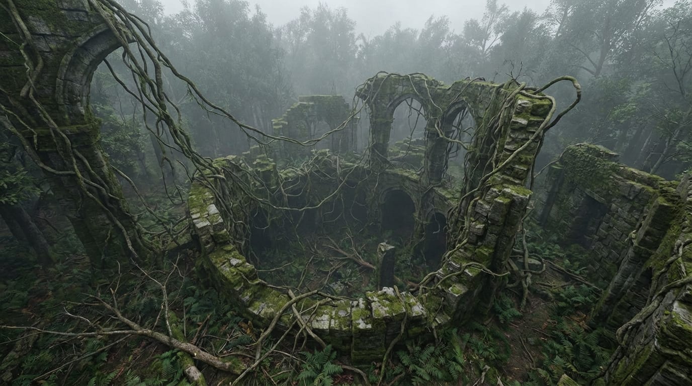 森の中の廃墟、苔むした石壁と絡まる蔦、カメラは上空から螺旋を描きながら下降していくドローンショット、神秘的で寂れた雰囲気、曇り空からの拡散光、リアルな8K映像、風が木々を揺らす音と鳥のさえずり。