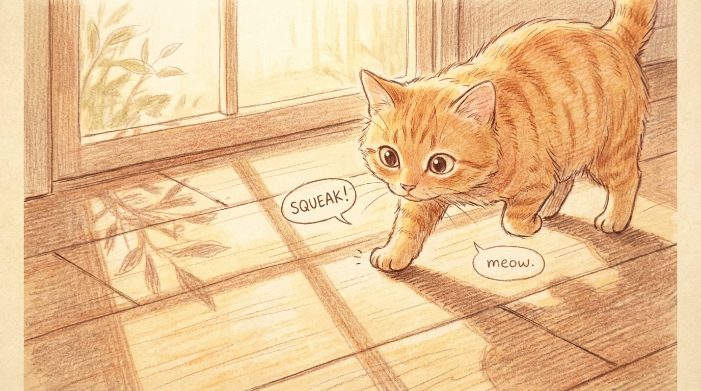 A close-up animation of a fluffy cat walking on a wooden floor in a sunny room. The art style is warm colored pencil sketch. Every time the cat takes a step, a cute, comical squeak sound is heard. The cat stops and meows softly at the camera. The sunlight casts moving shadows on the floor. The audio is synchronized with the cat's footsteps and the meow is clear and gentle.