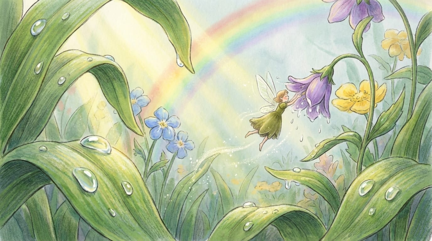 A magical garden immediately after the rain, depicted in a soft, hand-drawn illustration style. Large green leaves are dripping with crystal clear water droplets that sparkle in the sudden breakthrough of sunlight. A tiny fairy with translucent wings flutters between the flowers, shaking off water. A rainbow forms in the background. The camera moves slowly through the flowers from a low angle. The video features high-quality audio of water droplets falling, a magical chime sound when the fairy moves, and the sound of birds starting to sing.