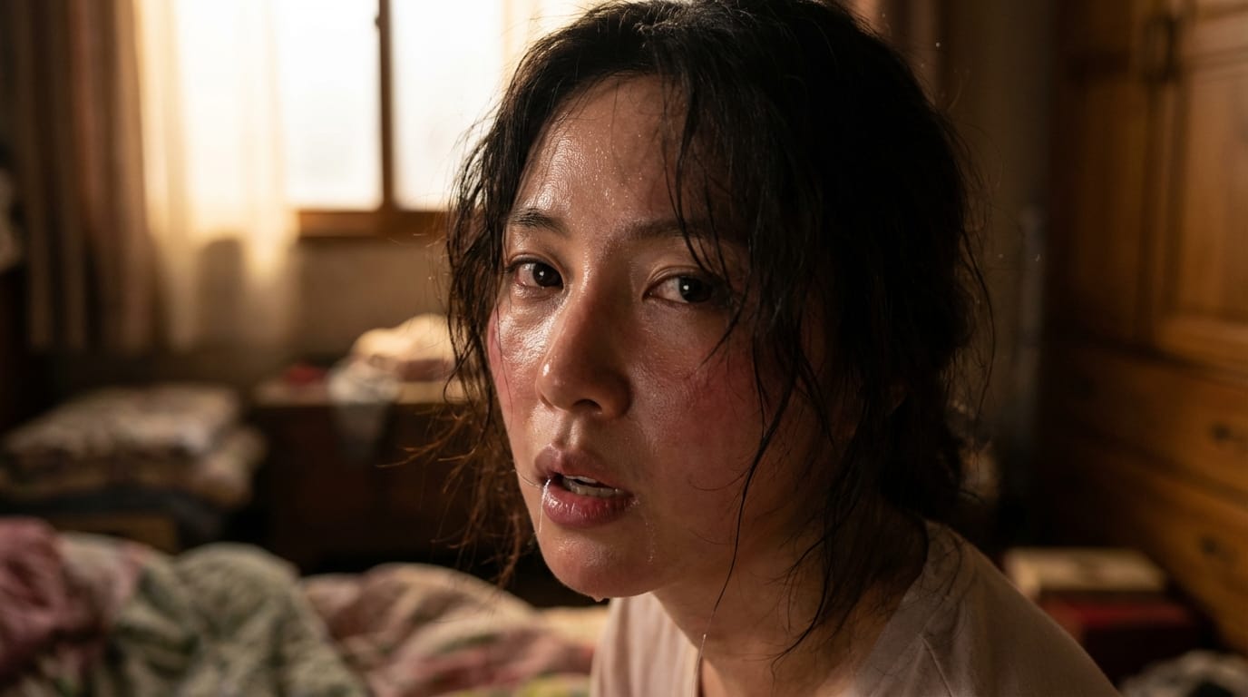 masterpiece, best quality, highres, 1girl, solo, intense focus on face, heavy breathing, sweat dripping, flushed face, glossy skin, wet skin, messy hair, open mouth, saliva trail, seductive expression, extreme detail eyes, cinematic lighting, depth of field, indoor, intimate atmosphere