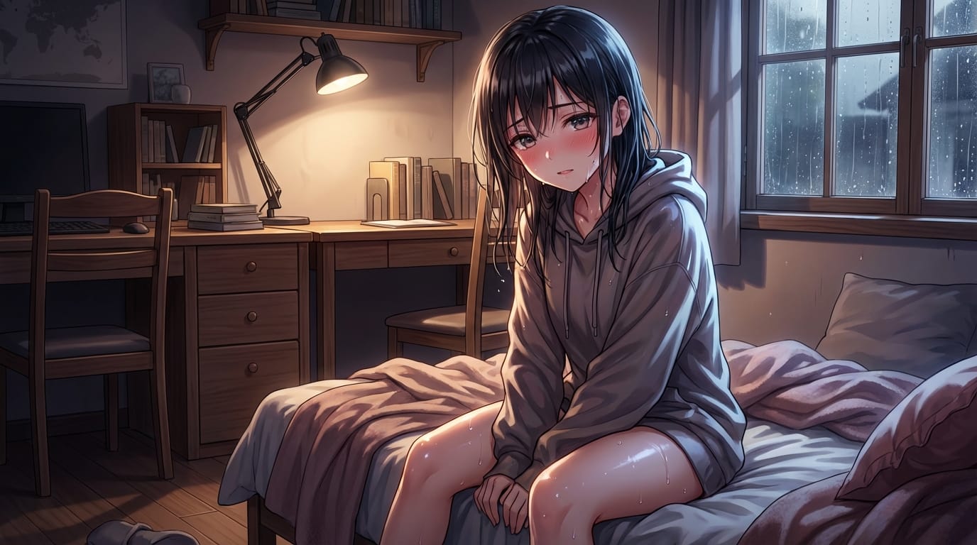 masterpiece, best quality, 1girl, solo, anime style, highly detailed face, blushing, sweat, glossy skin, wet hair, looking at viewer, bedroom, soft lighting, intense shadows