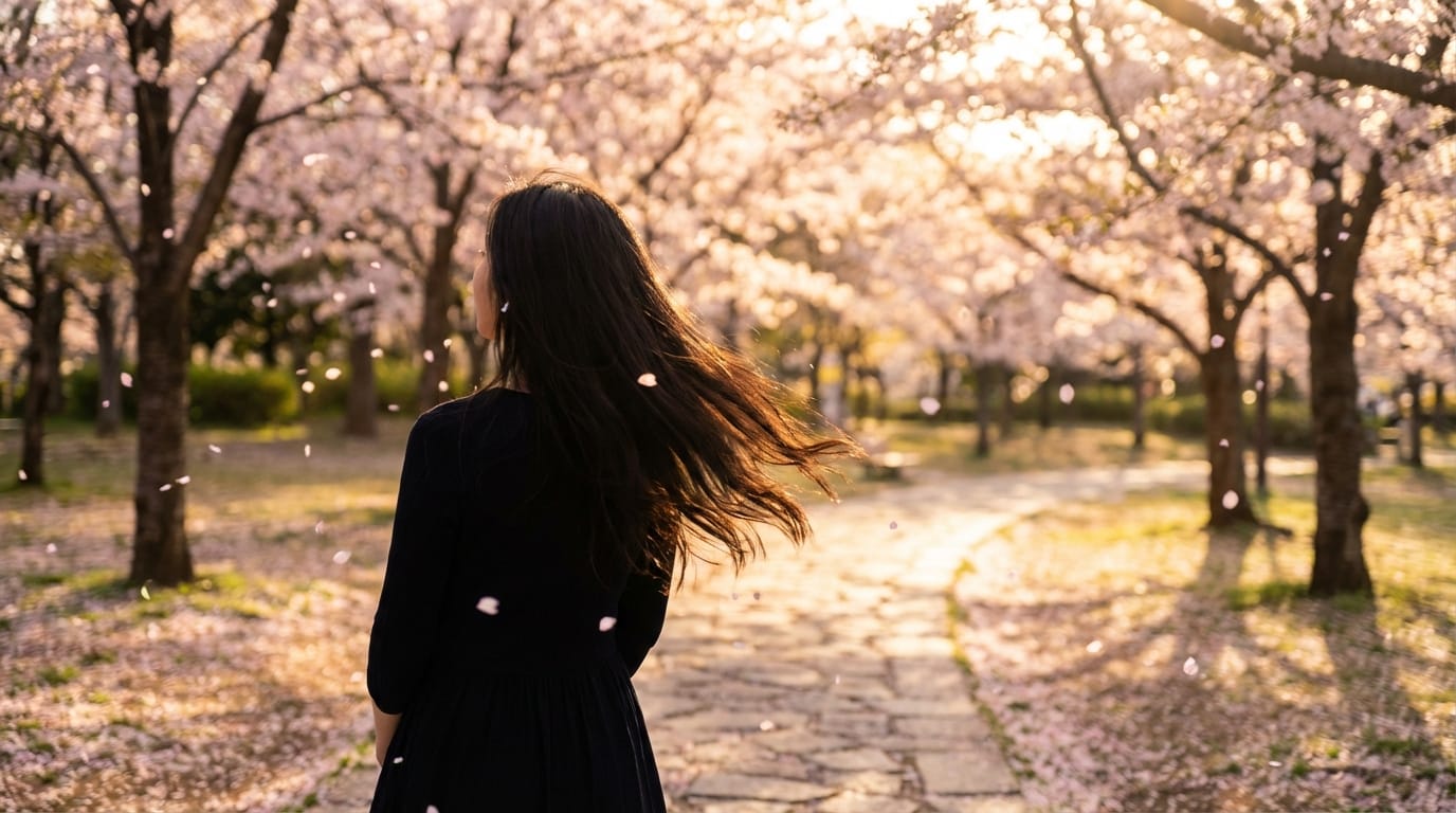 gentle wind blowing, hair swaying slowly, cherry blossom petals falling, cinematic lighting, high resolution