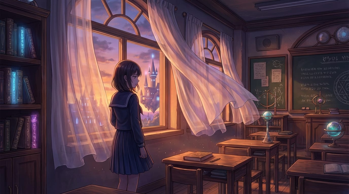 anime style, fantasy, classroom at dusk, sailor suit girl standing by the window, curtains swaying in the wind, melancholic expression, high quality, detailed background