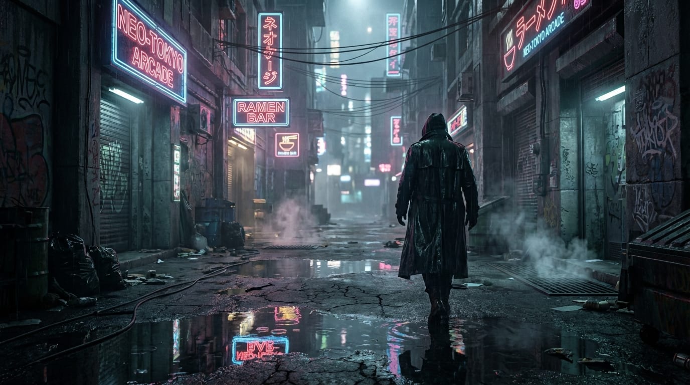 cyberpunk city back alley, raining, neon signs reflecting in puddles, mysterious figure in a hood walking away, mysterious atmosphere