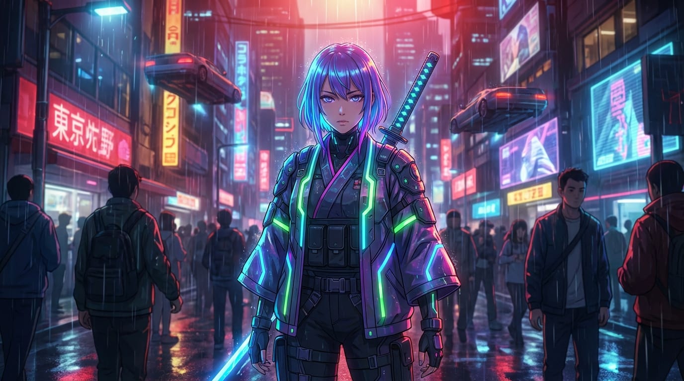 Character design of a cyberpunk street samurai girl, wearing a neon glowing kimono jacket, katana on back, futuristic Tokyo street background, rain, cinematic lighting, vibrant colors, anime style --v 7