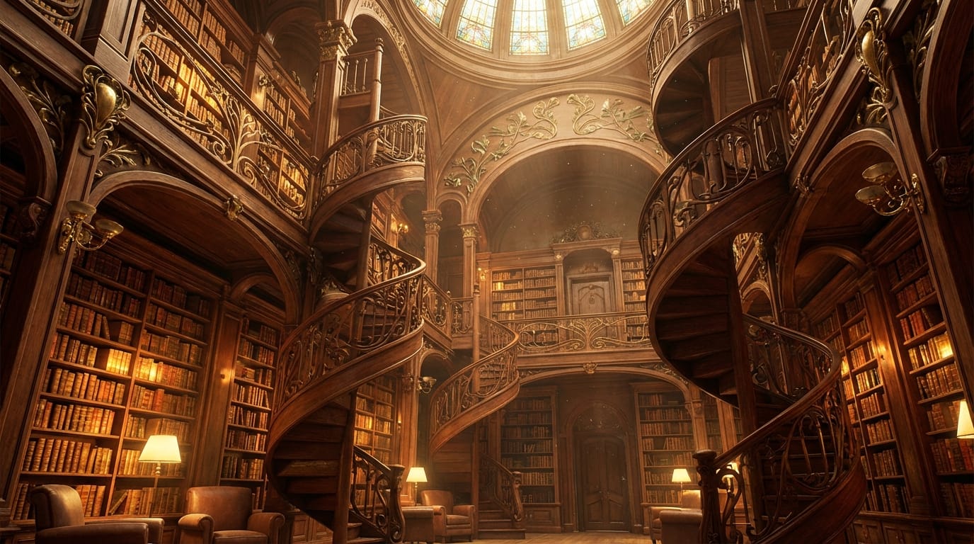 A huge fantasy library, spiral staircases reaching the ceiling, glowing magical books, dust particles dancing in the light shafts, intricate wooden details, Art Nouveau style, warm lighting, highly detailed, 8k resolution --v 7