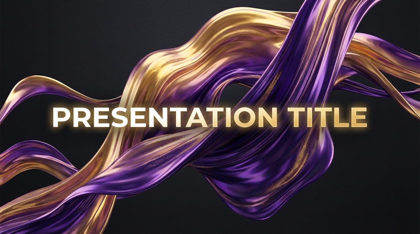 Dynamic abstract flowing liquid shapes, vibrant purple and gold gradients, 3D render style, smooth texture, energetic motion, dark background to make text pop, high contrast, visually striking wallpaper for presentation title slide
