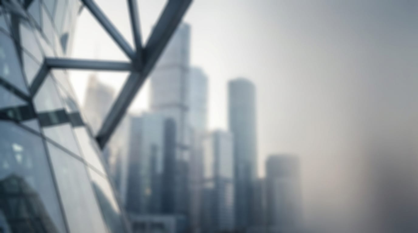 Professional corporate presentation background, abstract glass architecture details, soft focus, depth of field, neutral grey and blue tones, clean composition with ample negative space on the right side, high resolution, cinematic lighting