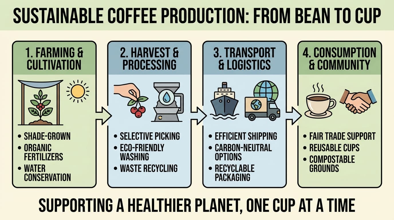 A professional infographic layout about sustainable coffee production, crisp typography, clean vector style, high resolution