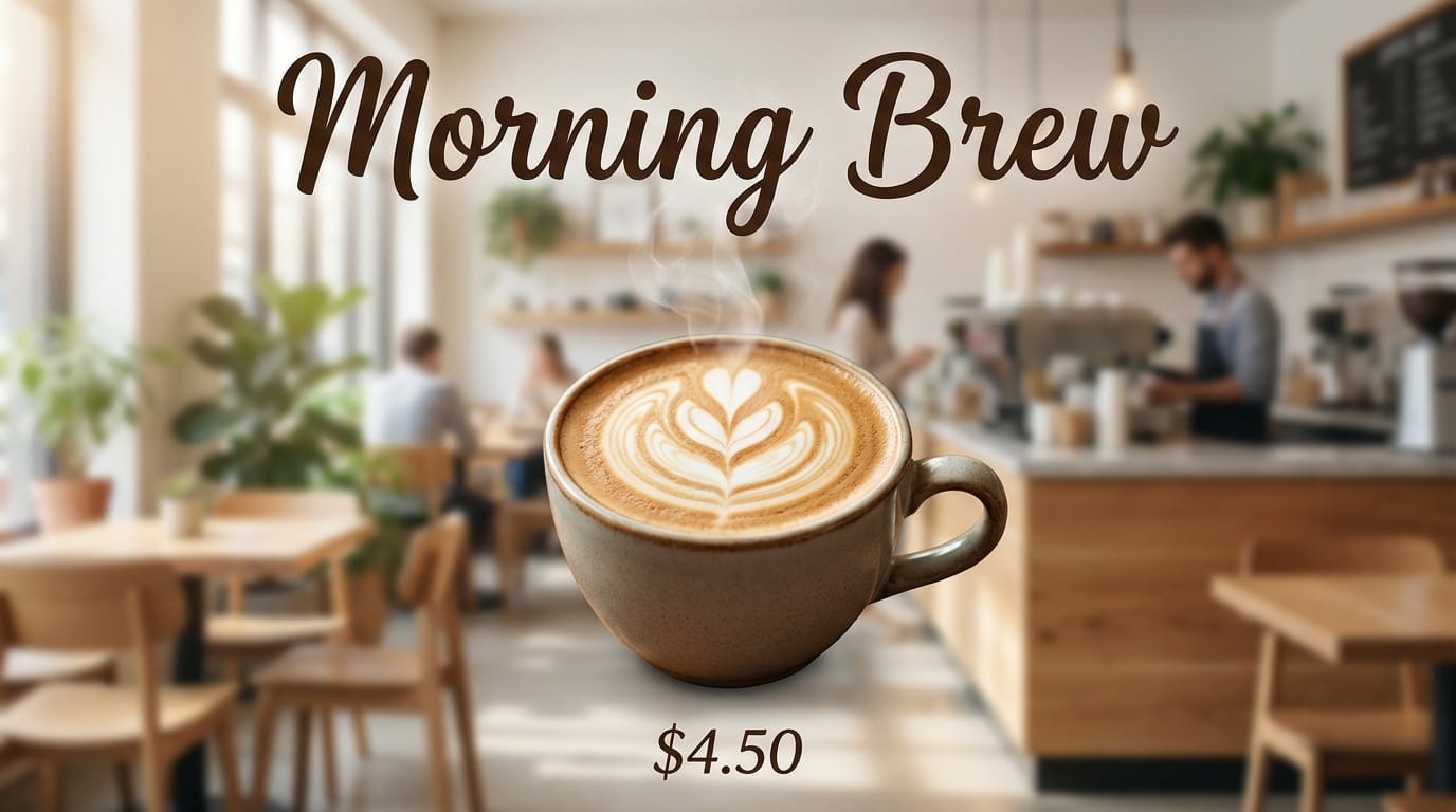 現代的で温かみのあるカフェのポスターデザイン。中央に湯気の立つ高品質なラテアートが描かれたカップ。背景はぼかしたカフェの店内。画像の上部に大きくエレガントなフォントで「Morning Brew」と書かれている。下部に小さく「$4.50」と書かれている。フォトリアル、4K解像度、広告写真のクオリティ。