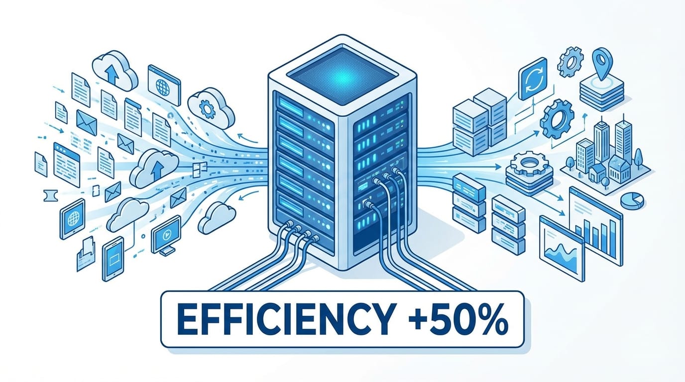 テクノロジー企業のアイソメトリックなインフォグラフィック。青と白の配色。中央にサーバーアイコン。左側からデータが流れ込み、右側へ整理されて出力される様子。下部に「Efficiency +50%」というテキストが明確に表示されている。クリーンなベクターアートスタイル、白背景、スタジオライティング。