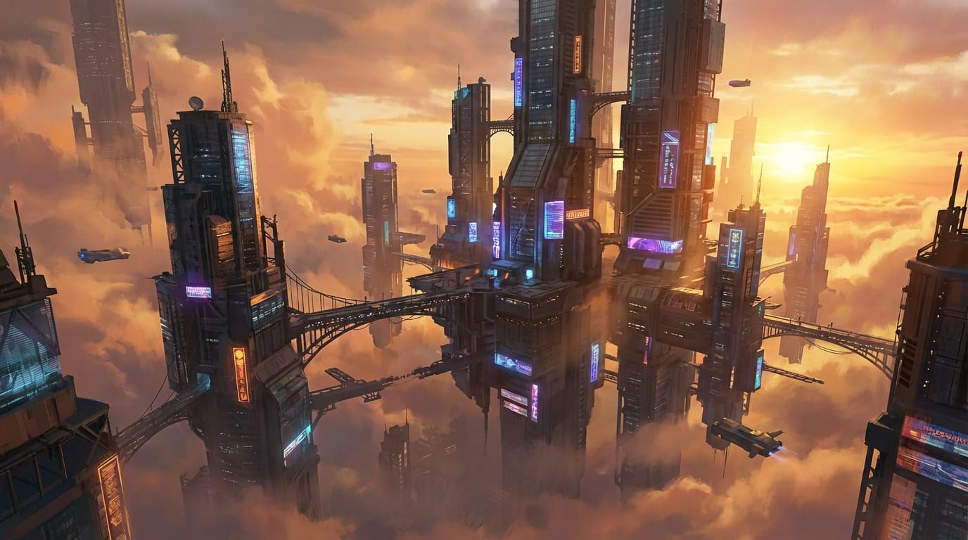 wide shot of a floating cyberpunk city in clouds, sunset lighting, massive scale, detailed architecture, concept art style, cinematic atmosphere, 8k resolution