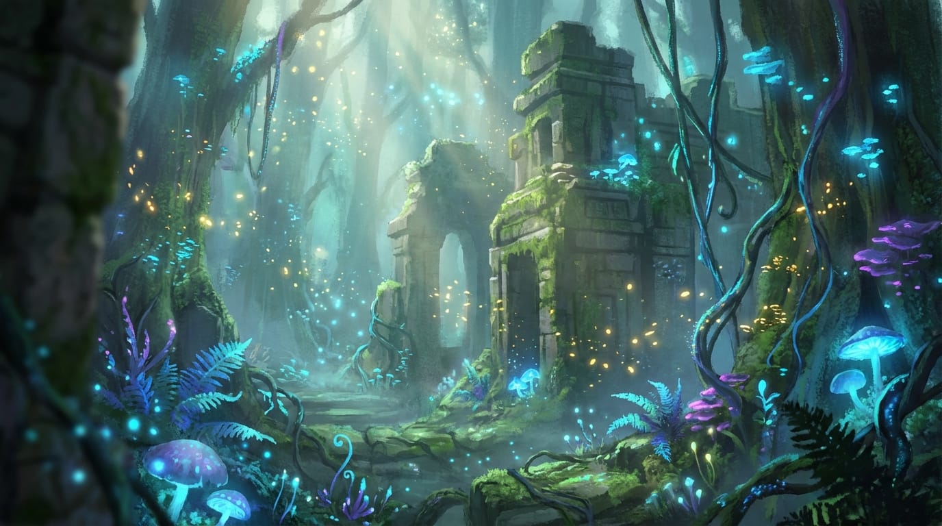fantasy forest ruins, glowing magical plants, mystical atmosphere, camera panning slowly right, particle effects, concept art style, highly detailed