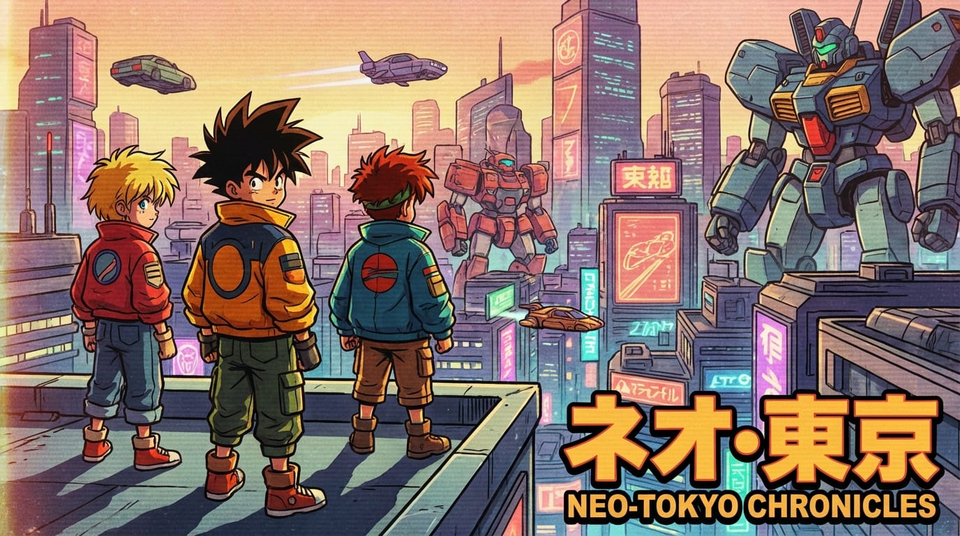 90s anime style illustration, vibrant cel shading, nostalgic filter, high quality