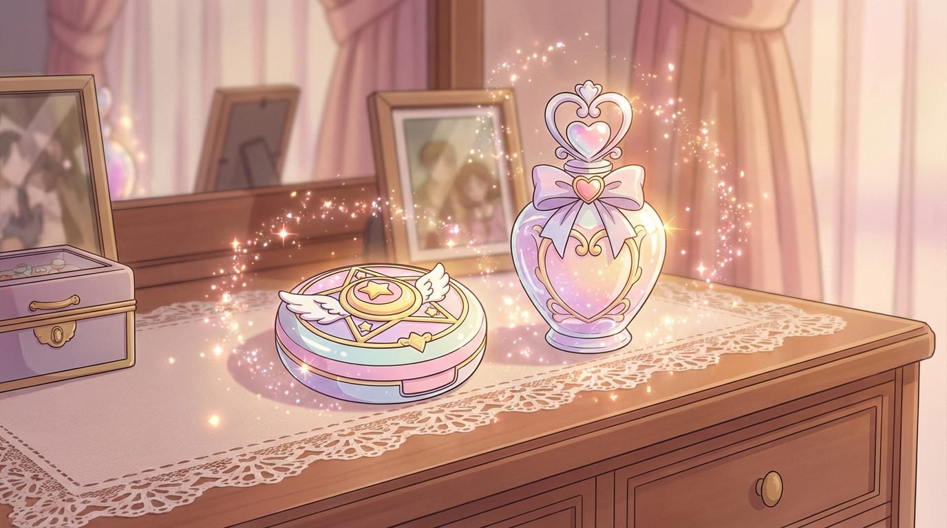 90s anime style, magical girl style compact powder and perfume bottle on a dresser, sparkling particle effects, pastel color palette, dreamy atmosphere, soft lighting, cel shading, high resolution