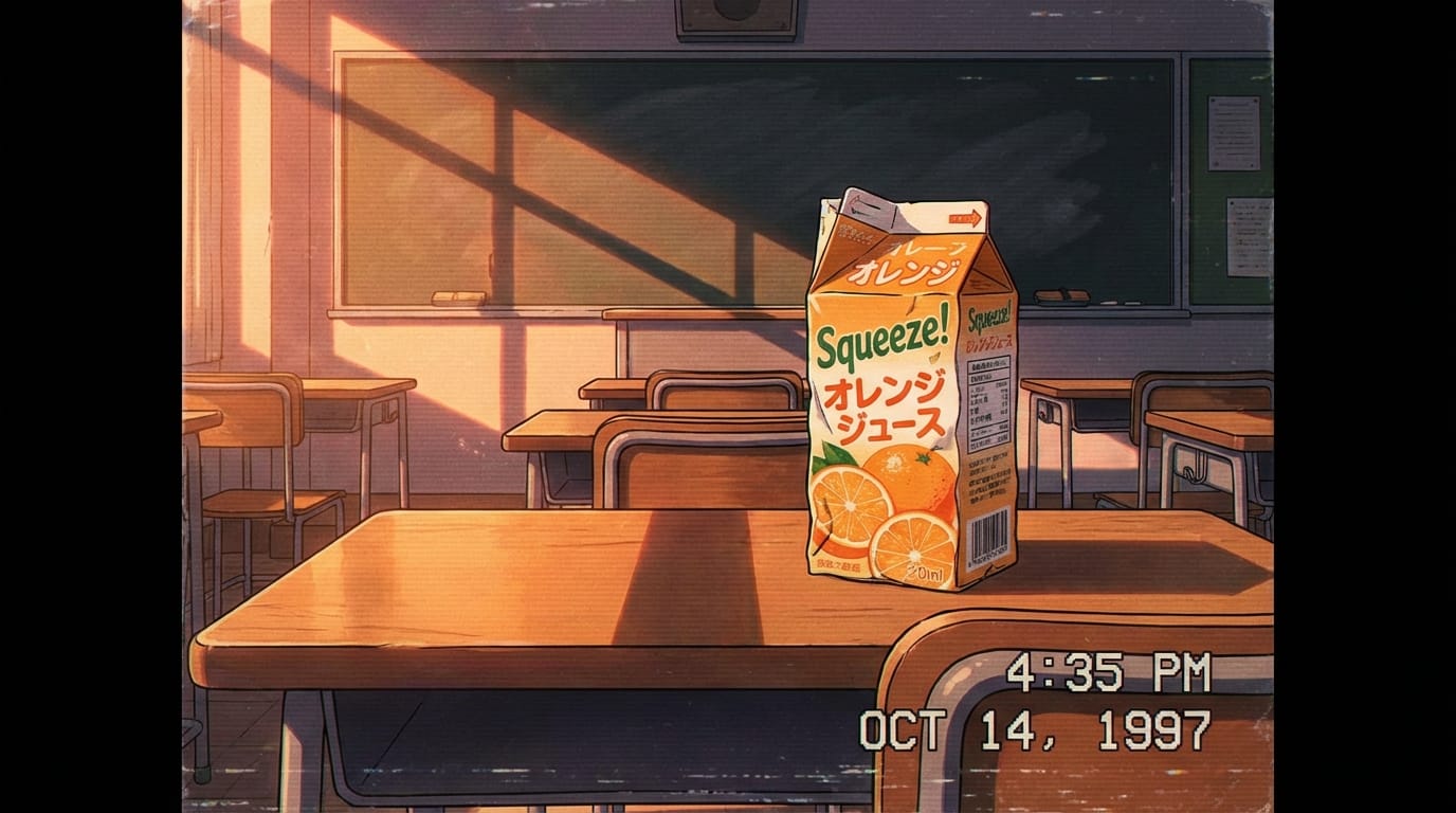 1990s anime screenshot, a juice carton box on a school desk after school, orange sunset light streaming through the window, long shadows, blackboard and desks in background, nostalgic and sentimental atmosphere, film grain, VHS quality