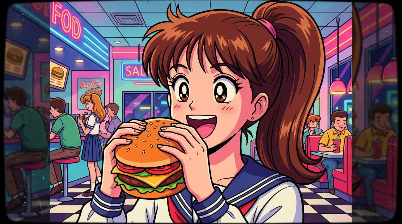 Retro anime style, a high school girl holding a hamburger with both hands about to eat, happy expression, inside a fast food restaurant, pop colors, 90s TV anime style, detailed face, cel shading