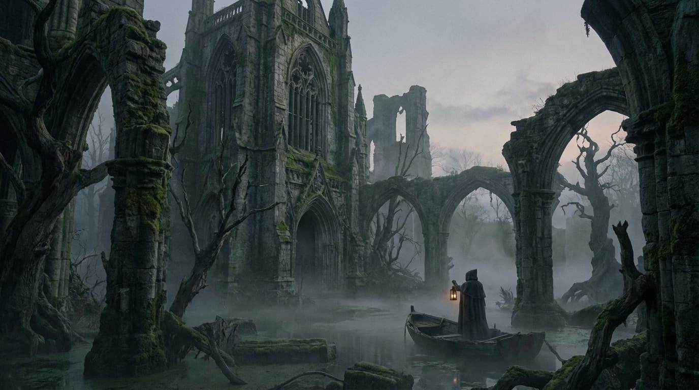 dark fantasy world, grimdark atmosphere, ancient gothic cathedral ruins in a swamp, fog, realistic textures, cinematic shot, hyper-detailed