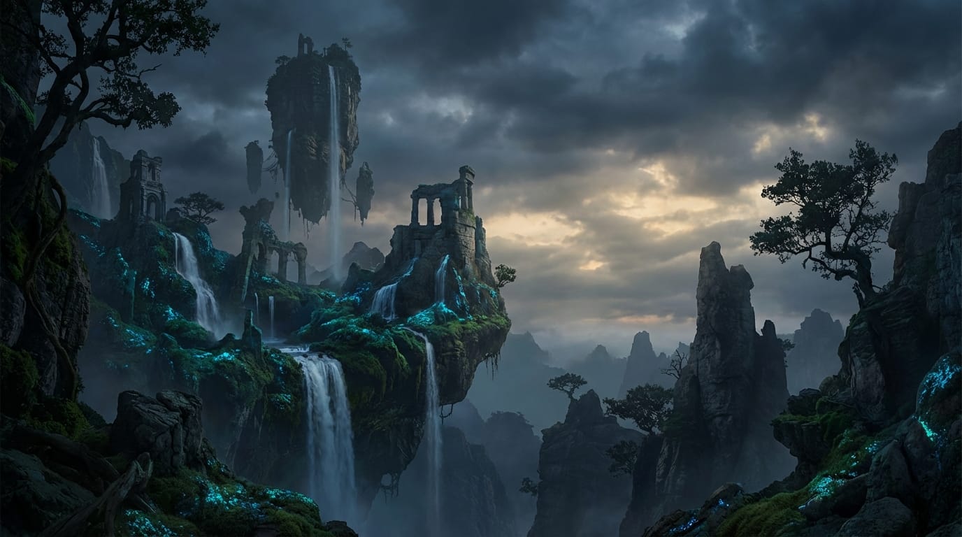 hyper-realistic fantasy landscape, floating islands with waterfalls, ancient ruins covered in glowing moss, cinematic lighting, 8k resolution, detailed textures, dark fantasy atmosphere