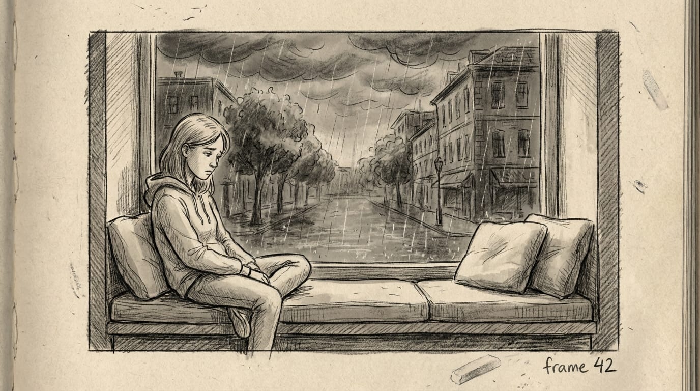 2D animation style, hand-drawn sketch of a girl sitting by the window, rain outside, pencil texture, rough lines, melancholic atmosphere, frame by frame animation style