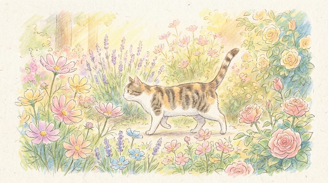 Hand-drawn animation, colored pencil style, a cat walking through a flower garden, warm sunlight, pastel colors, textured paper background, soft movement