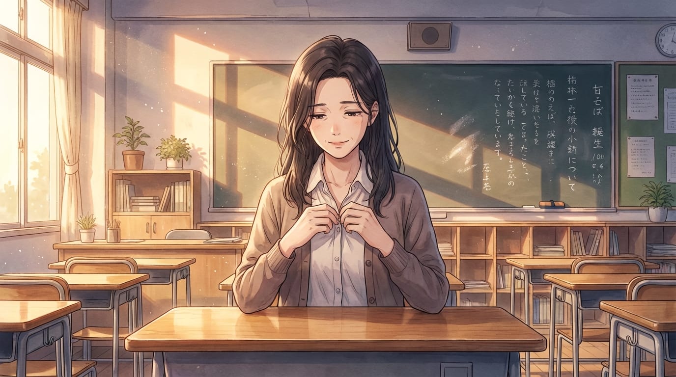Cinematic anime scene, a beautiful female teacher in a classroom after school, sunset light casting long shadows, unbuttoning her collar slightly, tired but alluring expression, chalk dust floating in the air, detailed classroom background, romantic and mature atmosphere, high fidelity anime art