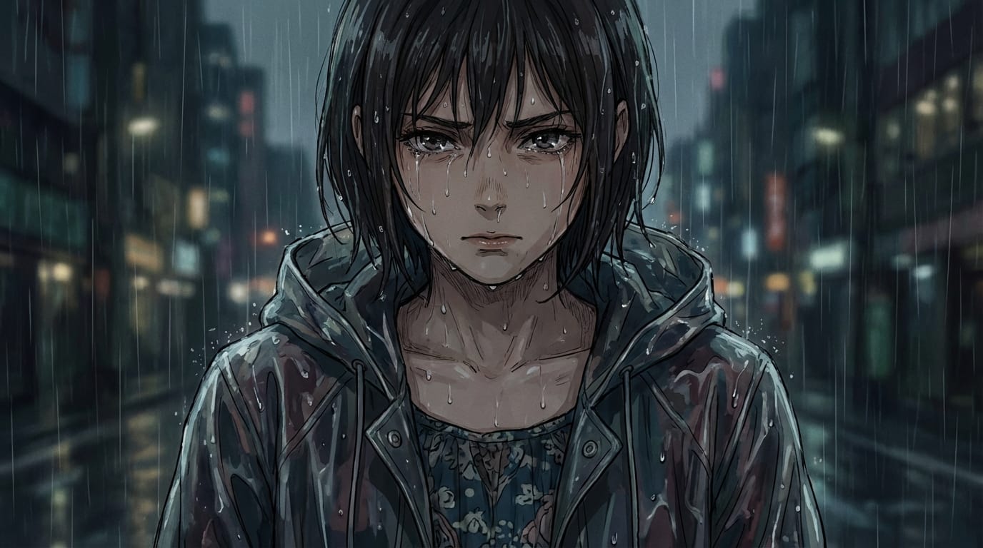 Anime style illustration, close up of a girl in the rain, wet clothes clinging to skin, transparent fabric texture, raindrops on face, intense emotional expression, dark moody lighting, high detail, 4k, aesthetics