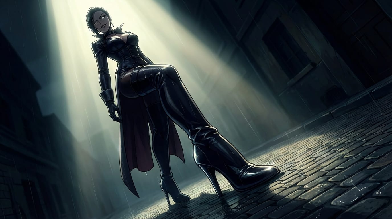 Low angle anime shot, a dominatrix style female character looking down on the viewer, stepping forward, confident smirk, sharp eyes, wearing high heels, dramatic spotlight, detailed texture, powerful composition