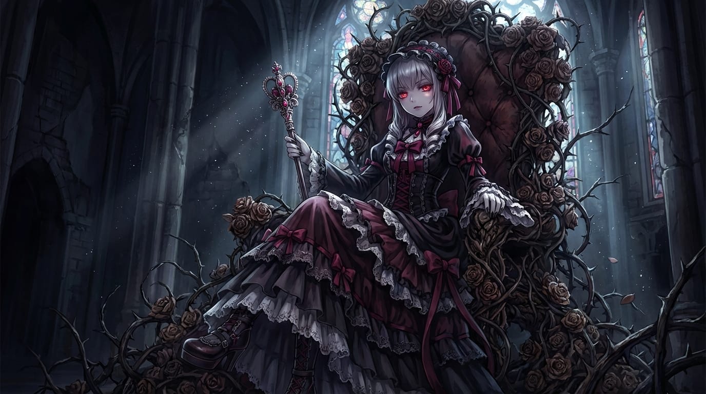 A full body anime illustration of a gothic lolita character sitting on a throne of roses, dark fantasy theme, lace details, pale skin, red eyes, dramatic lighting, high contrast, intricate costume design, masterpiece quality